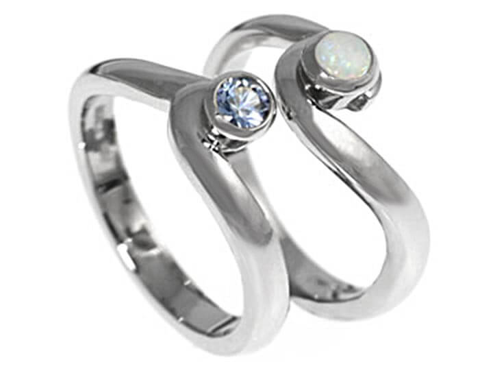 Tracey's unique palladium, opal and blue sapphire ring set