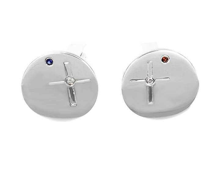 Sterling Silver Cross Engraved Cufflinks with Diamonds and Birthstones