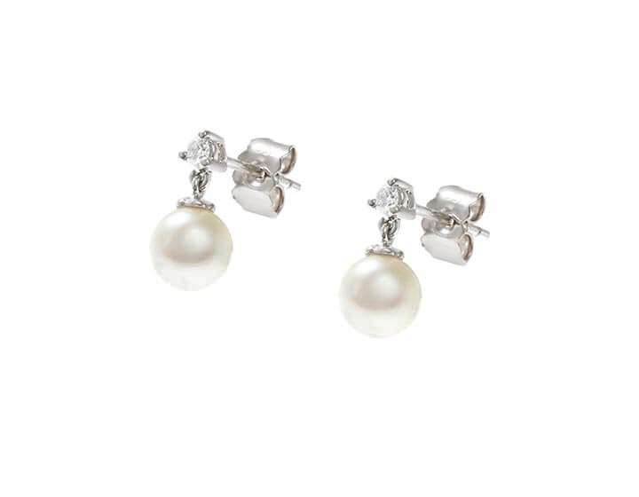 18ct White Gold, White Cultured River Pearl and Diamond Drop Earring