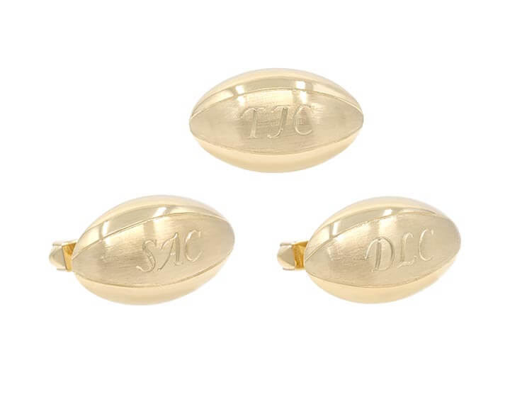 A Bespoke Trio of 9ct Yellow Gold Rugby Ball Cufflinks