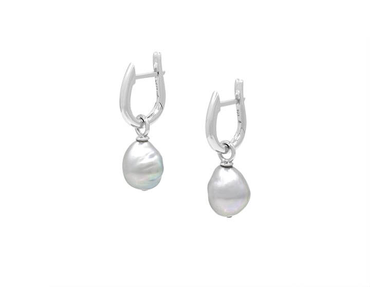 Sterling Silver Huggie Earrings With Grey Baroque Cultured Pearl Drops