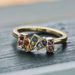 Geometric Style 9ct Yellow Gold Eternity Ring with Mixed Rainbow Coloured Gemstones